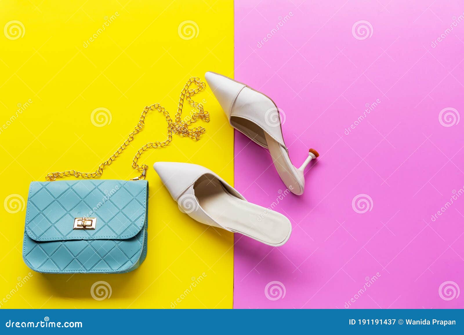 Fashion Bag and Shoe Woman Accessories Pastel Background. Stock Image ...