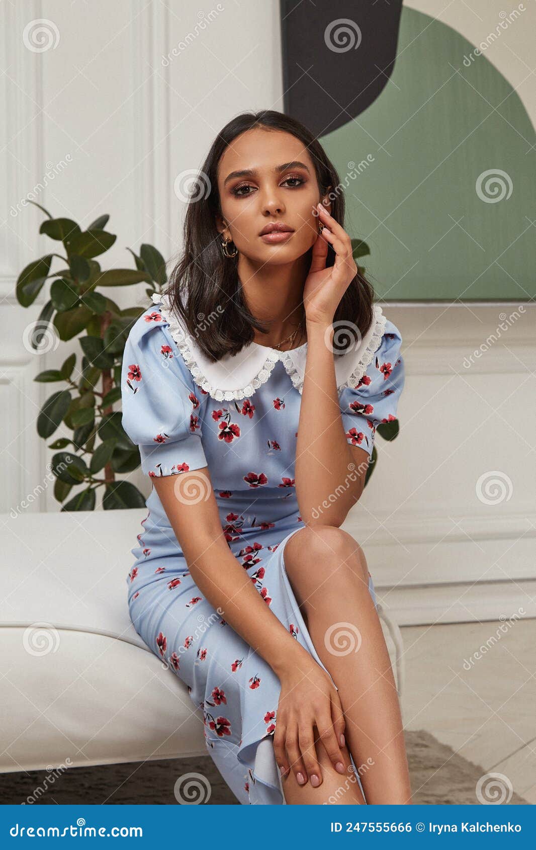Fashion Beautiful Model Pretty Lady Dark Tanned Skin Woman Brunette Hair  Wear Blue Cotton Dress Clothes Casual Office Style Stock Photo - Image of  fashion, dress: 247555666