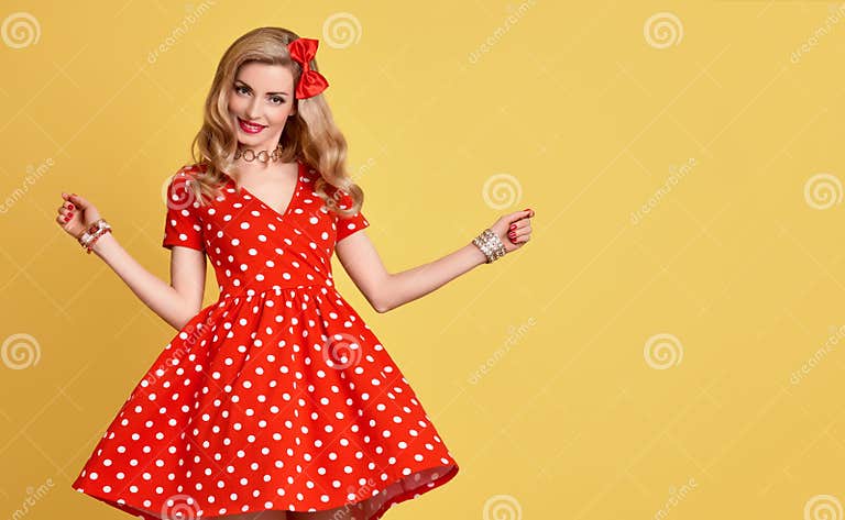 Fashion Beauty.PinUp Girl Smiling.Polka Dots Dress Stock Image - Image ...