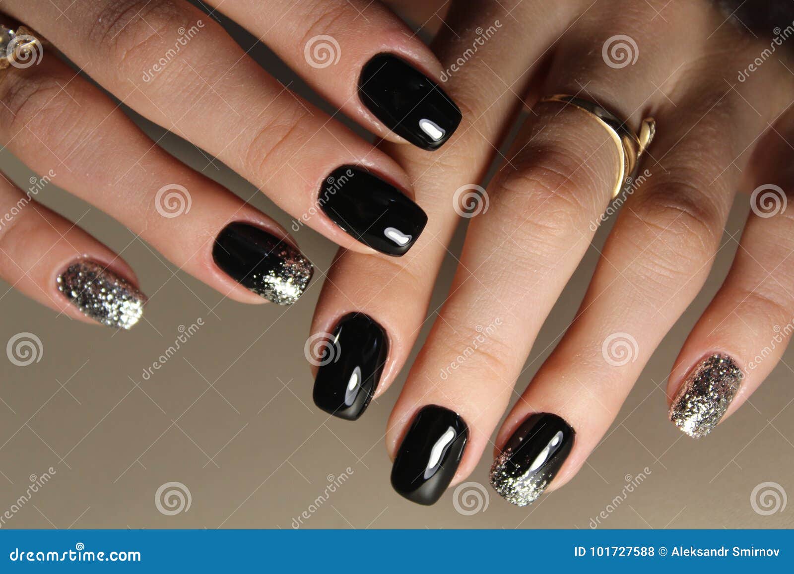 Fashion Black And Gold Color Manicure Design Stock Photo - Image of ...