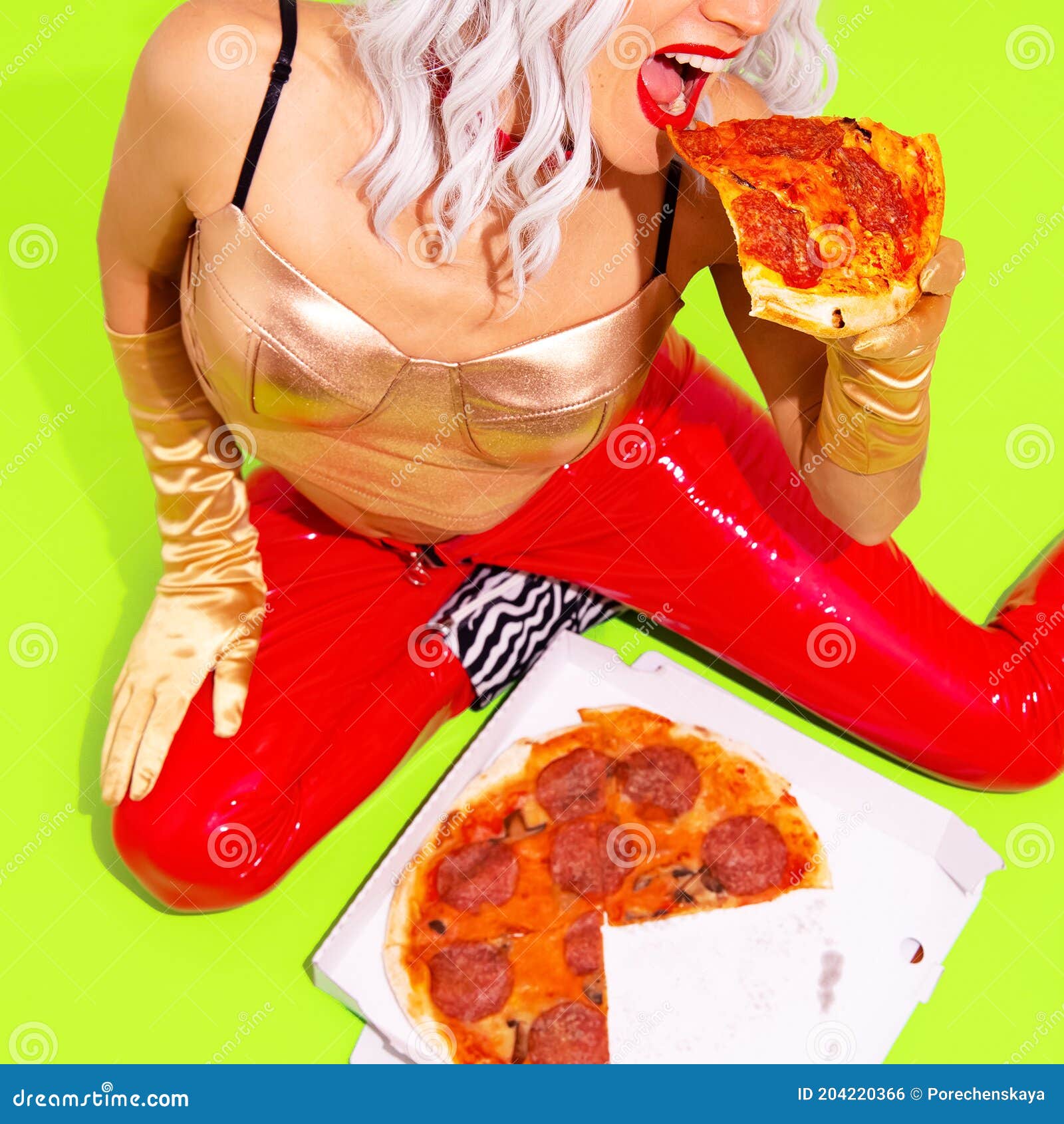 Fashion Creative Design. Minimal Art. Pizza Addict Hungry Blonde Girl. Food  Concept Stock Photo - Image of creative, face: 204220366