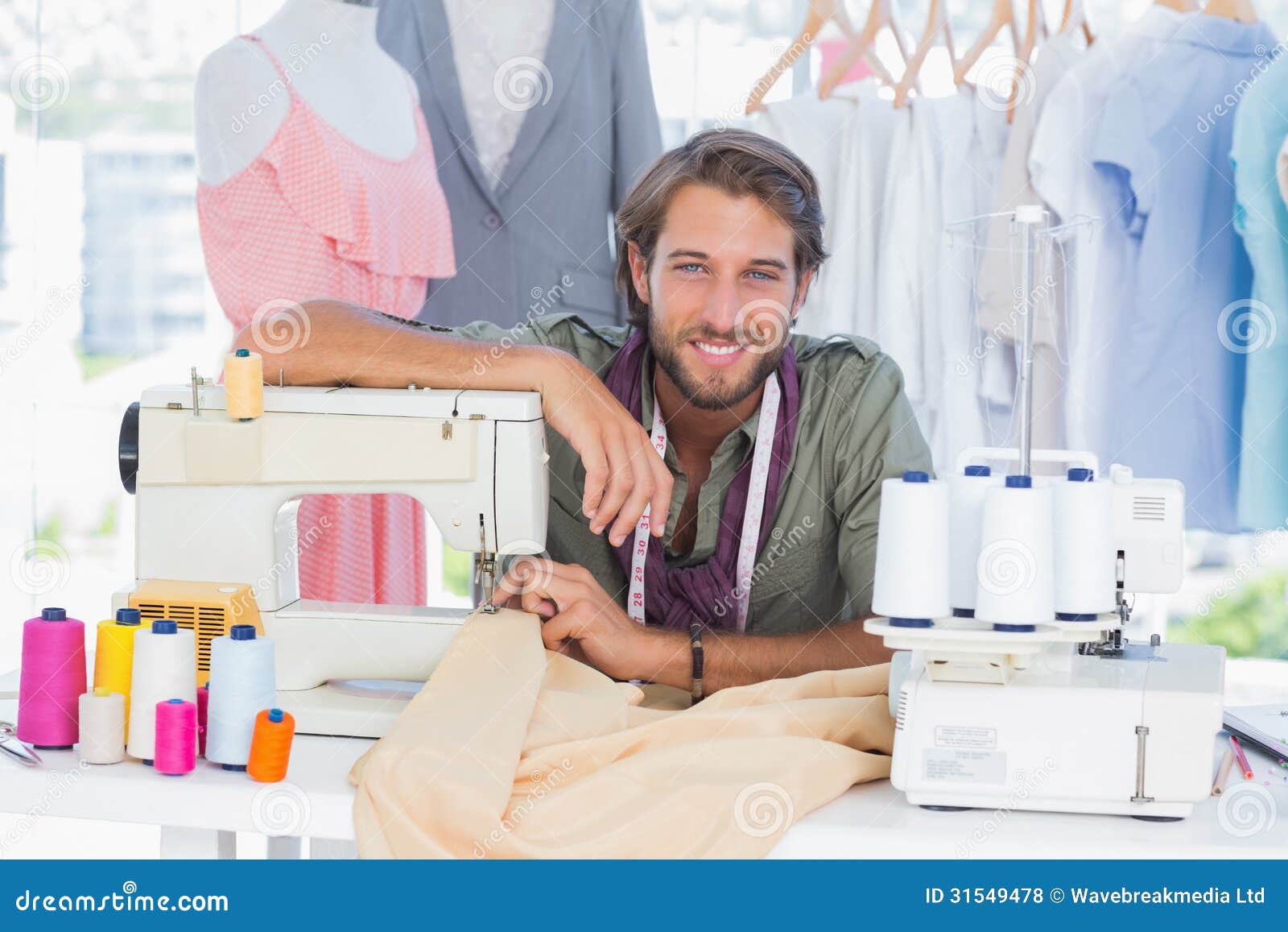 Fashion Designer Leaning on Sewing Machine Stock Photo Image of