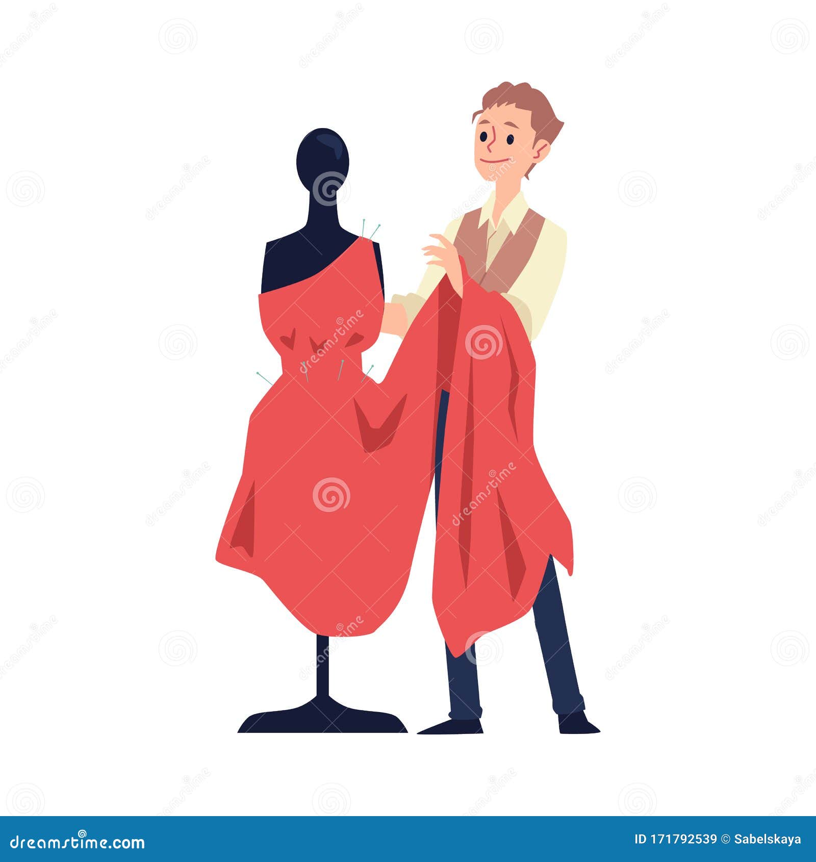 Fashion Designer and Tailor Holding Red Dress Muslin on Dummy Mannequin ...