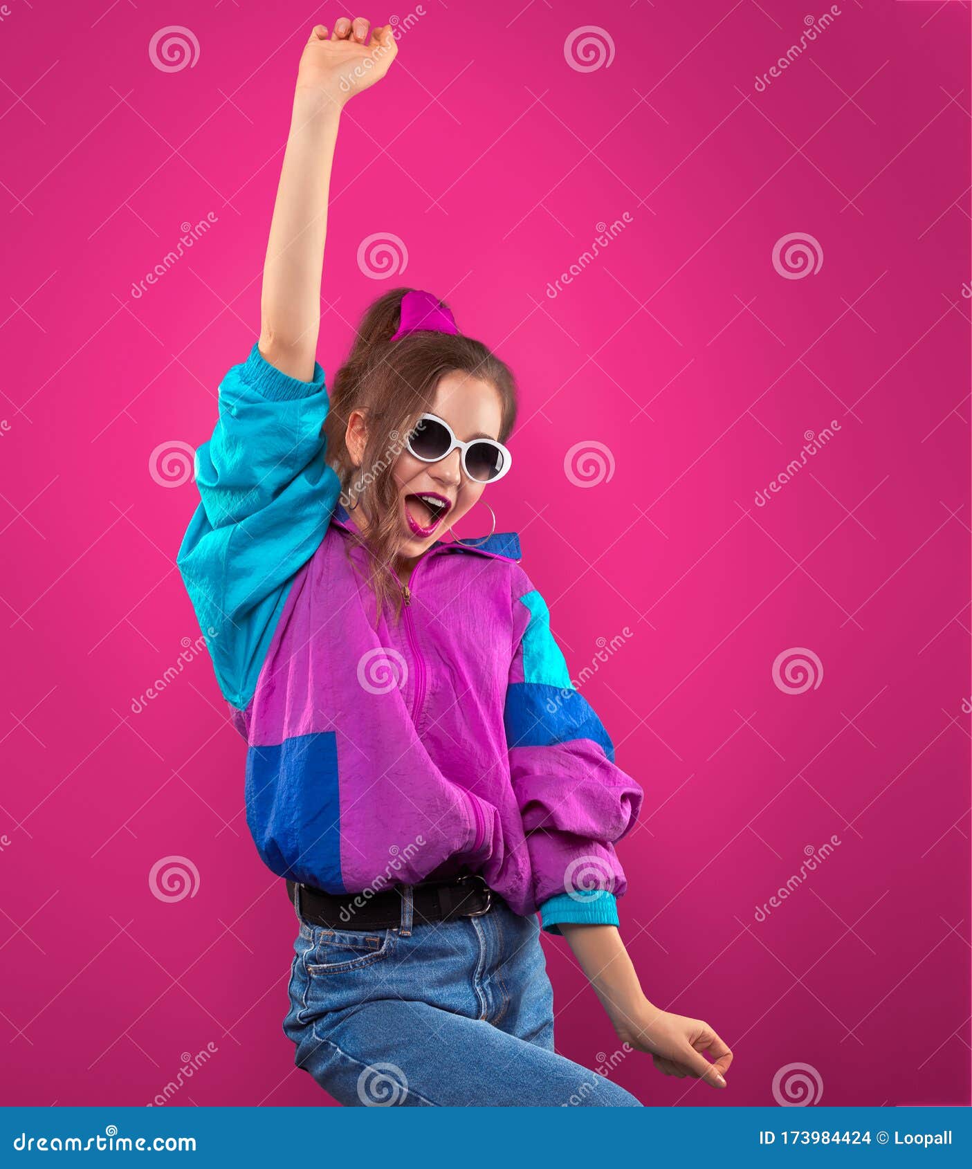 Fashion Teenager Girl in Vintage Sunglasses Dances Disco 80s 90s. Stock  Photo - Image of face, club: 173984424