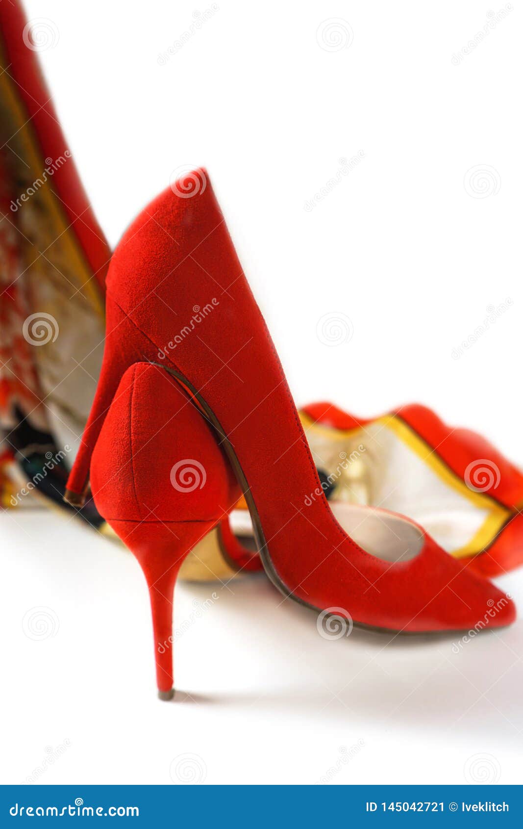 Fashion Female Red High Heel Shoes and Accessories Coral Color Silk ...