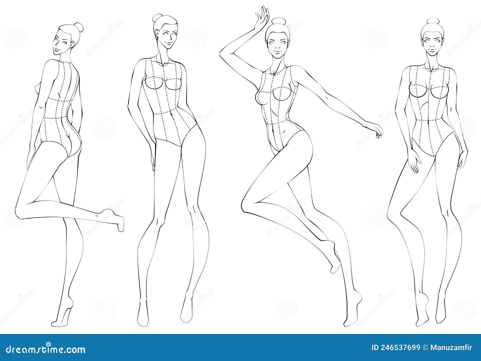 female ten heads figure poses template croquis for fashion 