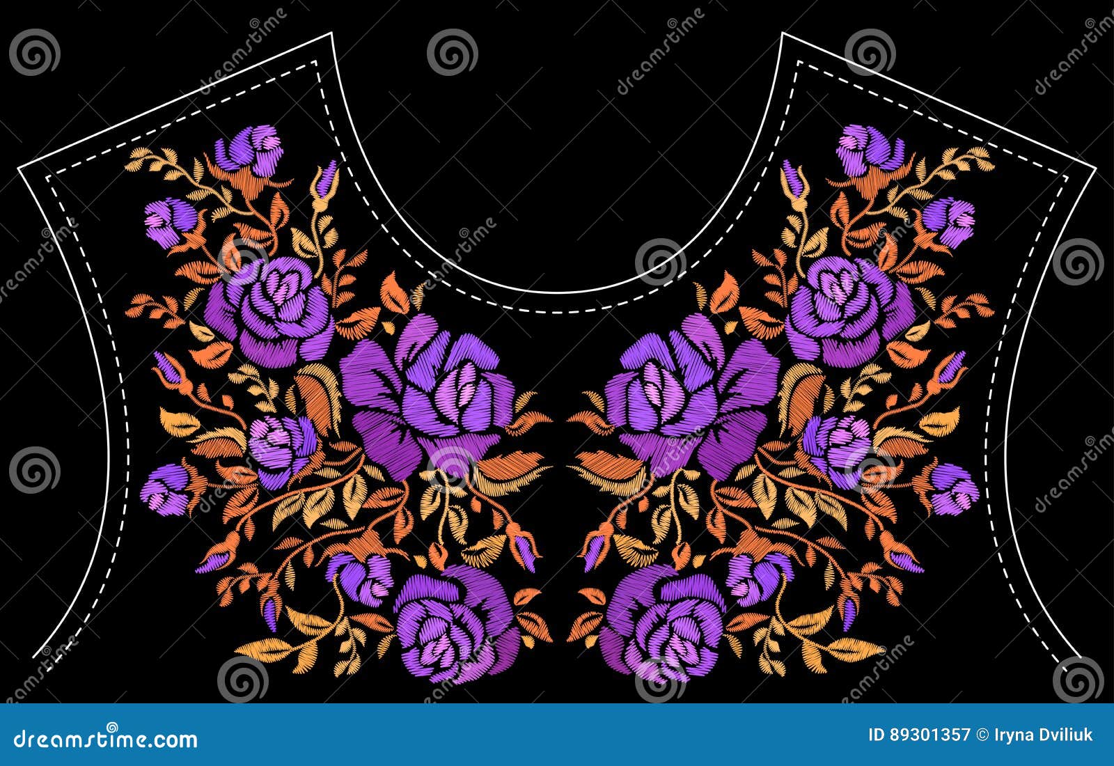 Fashion floral embroidery. Ethnic embroidery purple rose flowers floral design for neckline. Fashion satin stitch imitation stitches ornament on black textile, fabric traditional folk decoration Vector illustration stock vector