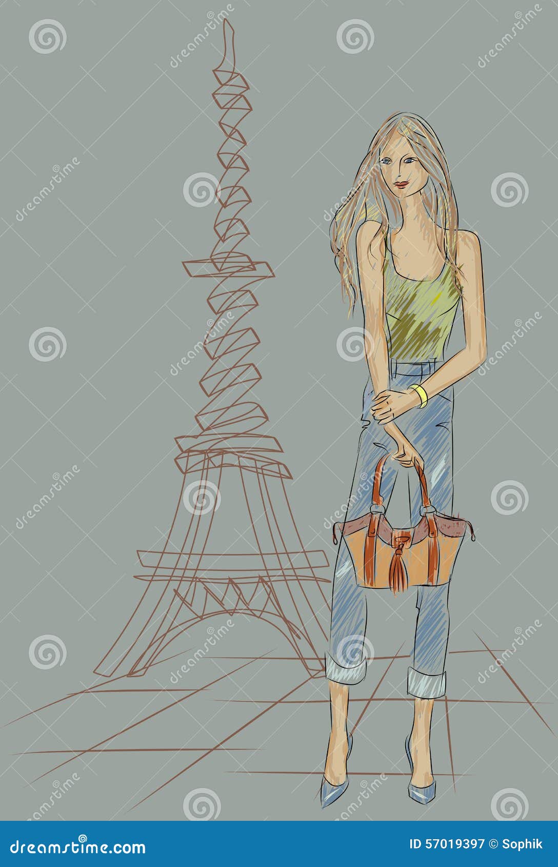 Fashion Girl In Paris Near Eiffel Tower Illustration Megapixl