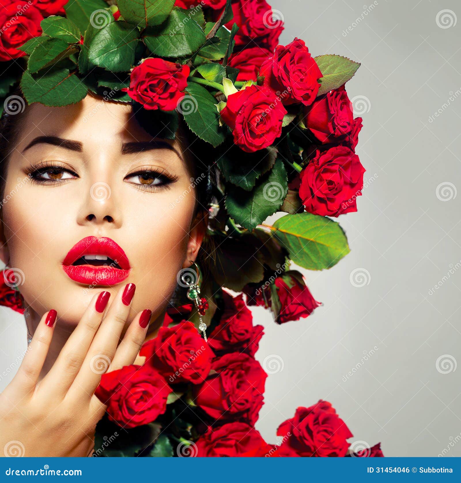 Premium Photo | Hairstyle with roses flowers woman glamour beauty portrait.  studio shot.