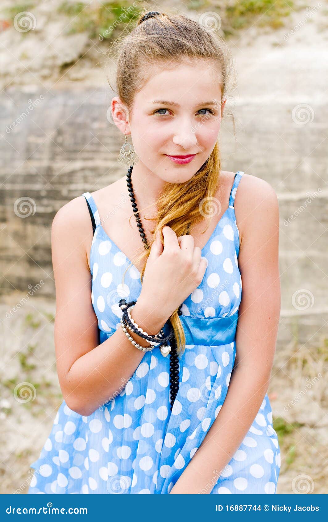 Fashion Girl Urbex Location Blue Polka Dress Stock Photo - Image of ...