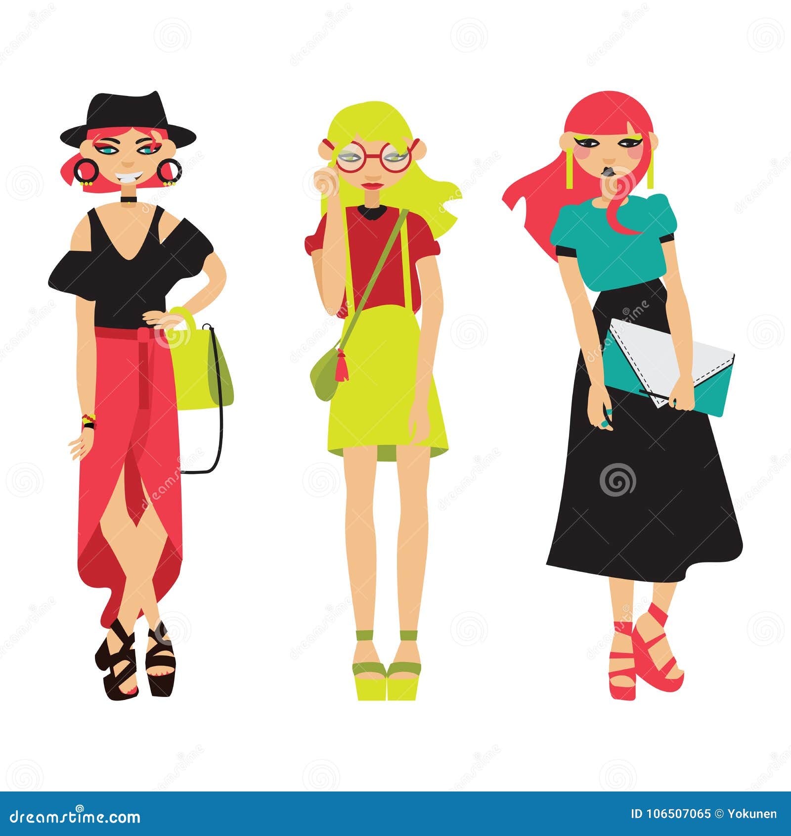 Fashion Girls in Bright Colors. Set of Young Women in Summer Clothes with  Bags, in Skirts Stock Illustration - Illustration of hair, hipster:  106507065