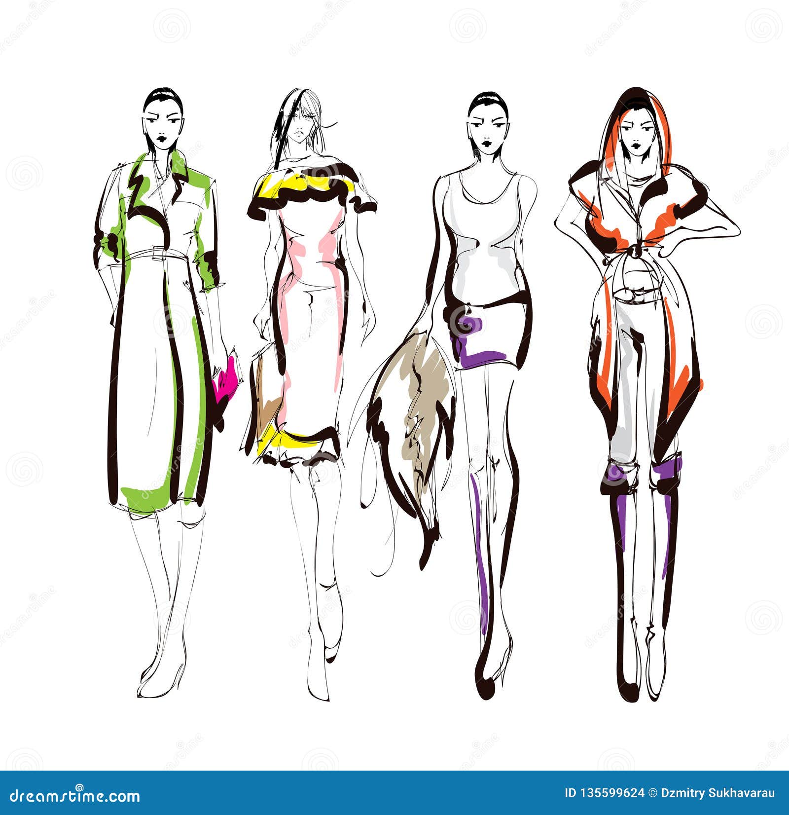 Fashion Girls Sketchi. Drawing Fashion Models Stock Vector ...
