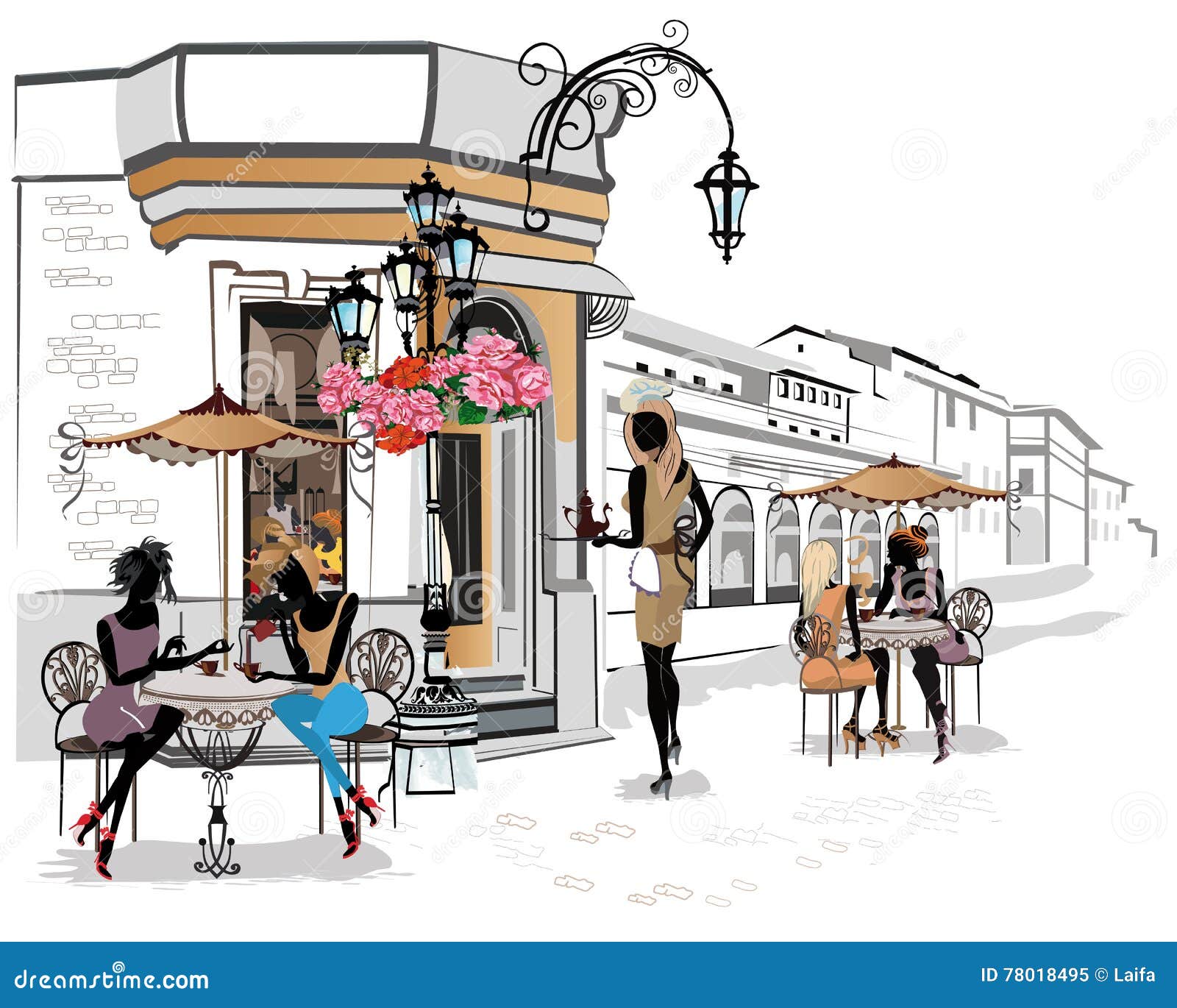 Fashion Girls in the Street Cafe. Stock Vector - Illustration of ...