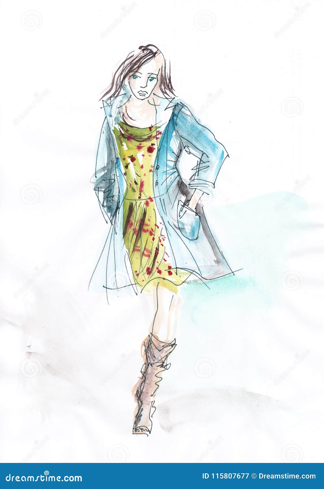 fashion - hand drawn beautiful woman in summer dress and blue coat.