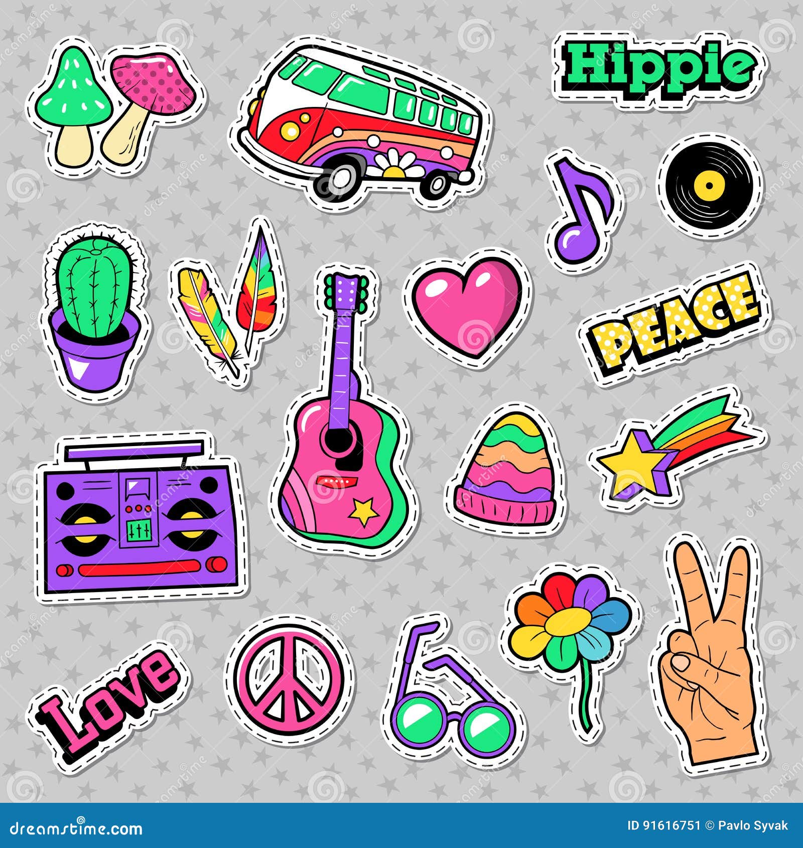 fashion hippie badges, patches, stickers with van mushroom guitar and feather