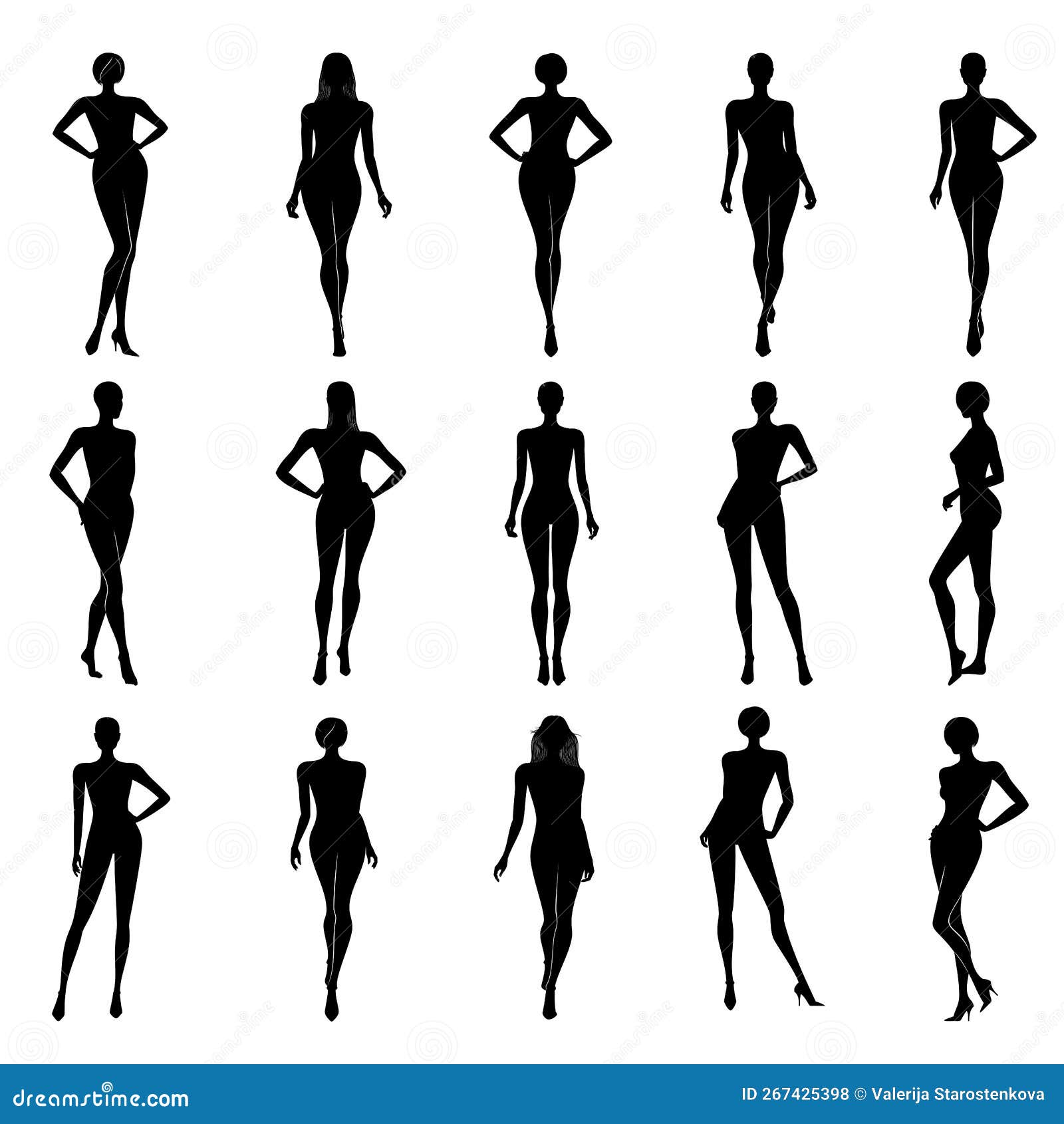 Fashion Illustration of Female Body Silhouettes in Black Color, Vector ...
