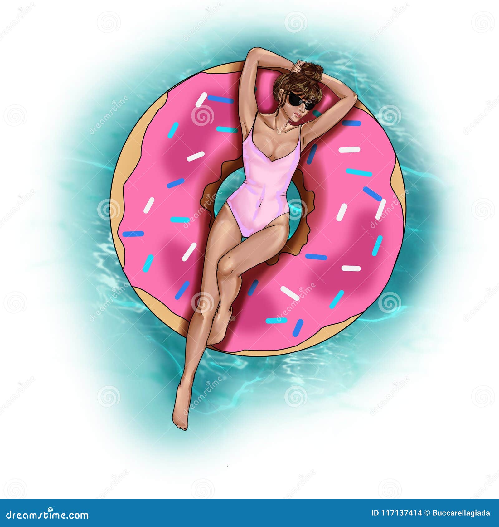 fashion  - hand drawn raster image - girl on donut pool float
