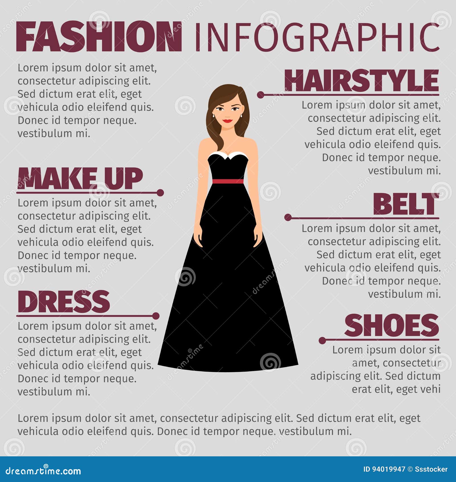 Fashion Infographic with Brunette in Dress Stock Vector - Illustration ...