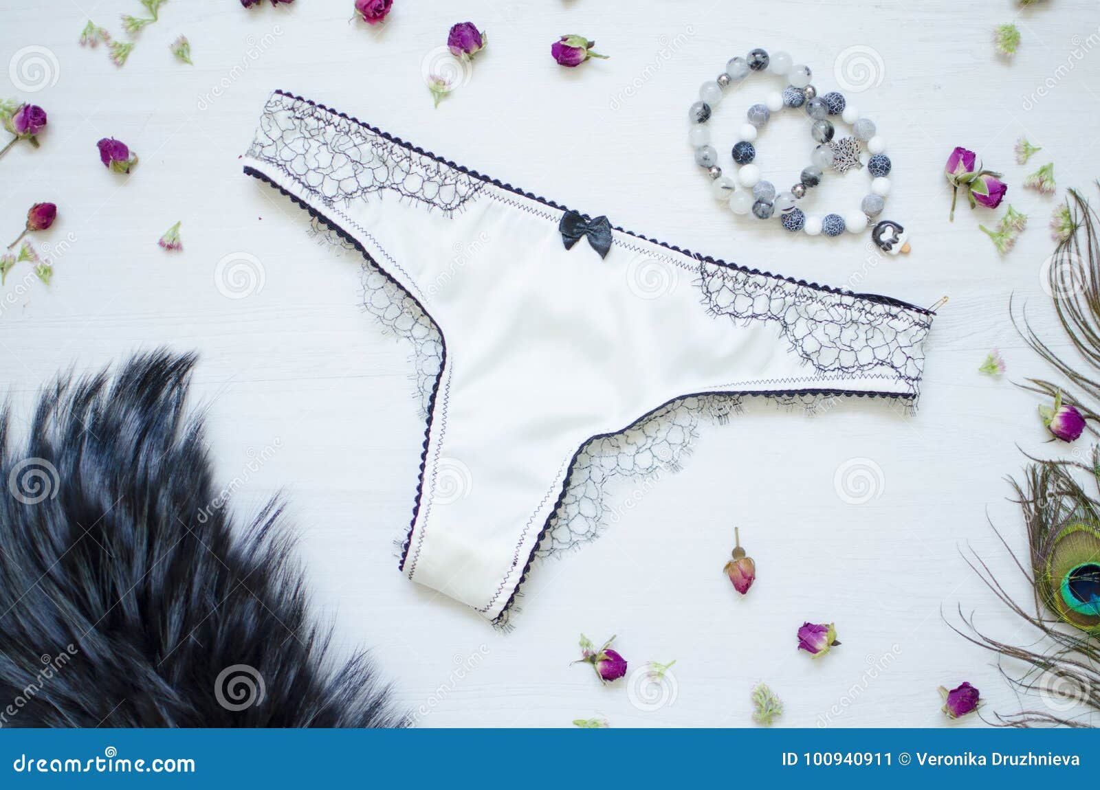 Fashion Lace Underwear. Women White and Black Bra and Panti Stock