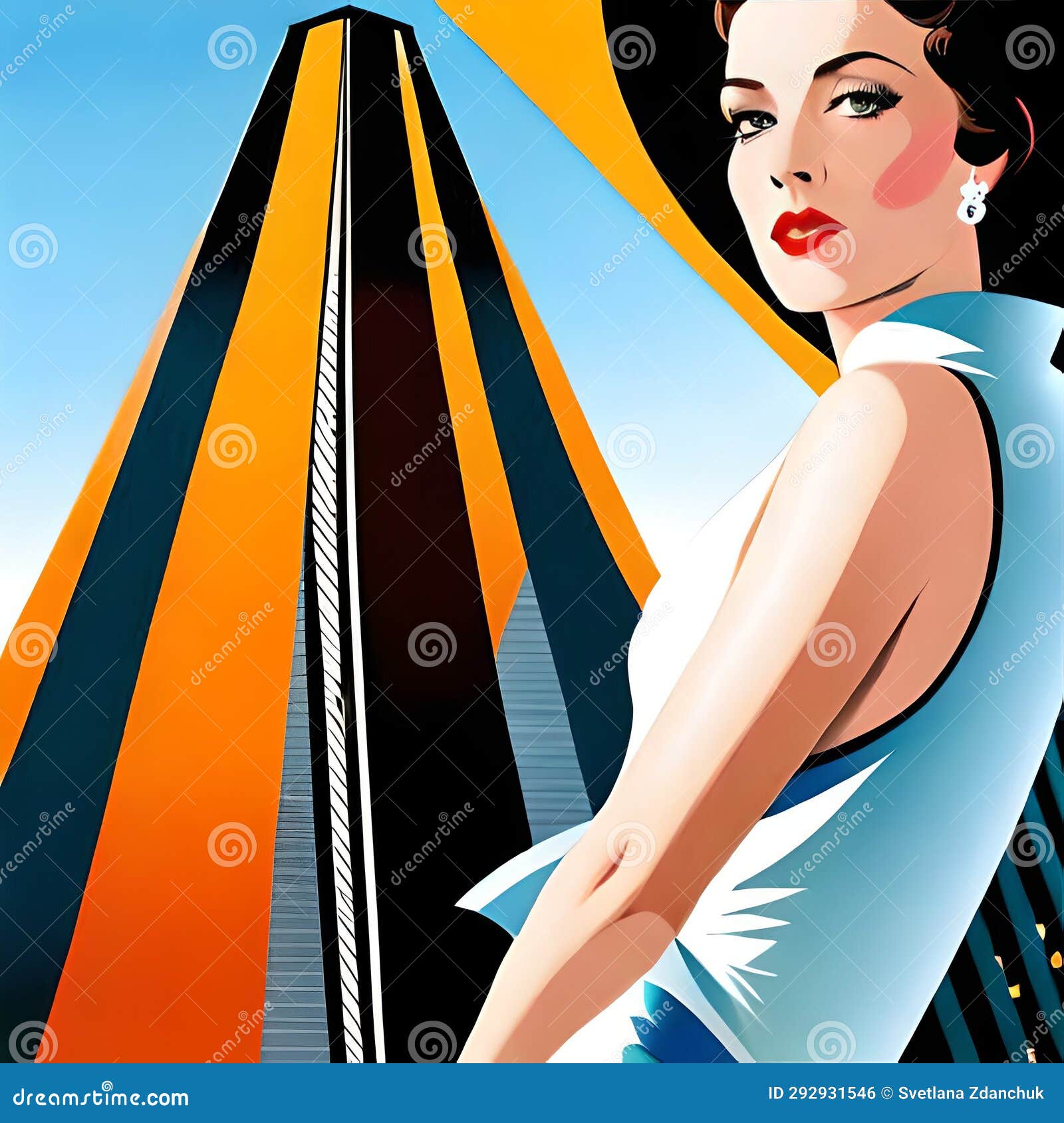 fashion lady model among skyscrappers. fashionable cover art deco style