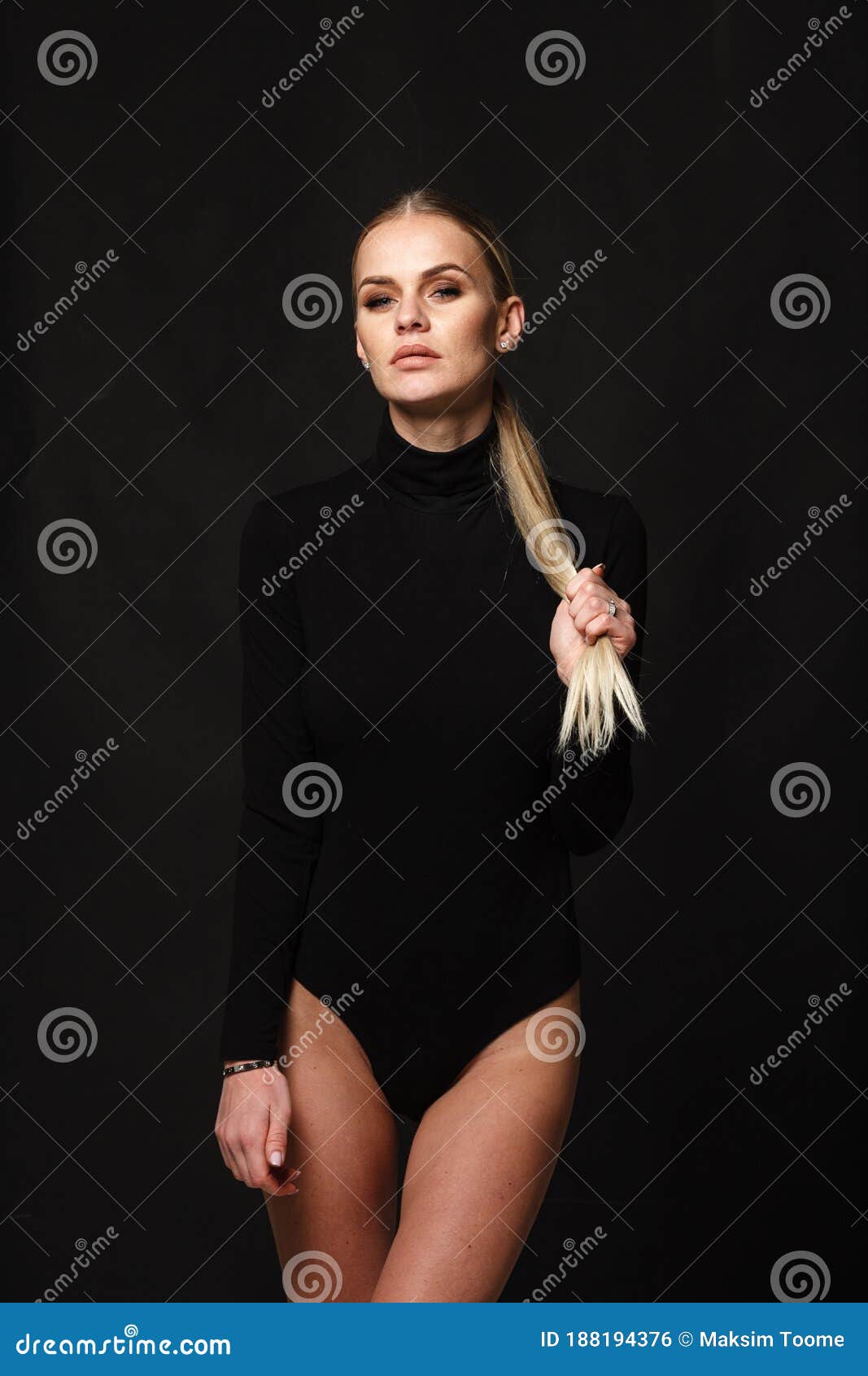 Fashion And Lingerie Concept Beautiful Blond Lady Portrait In Black Turtleneck Body Corset On