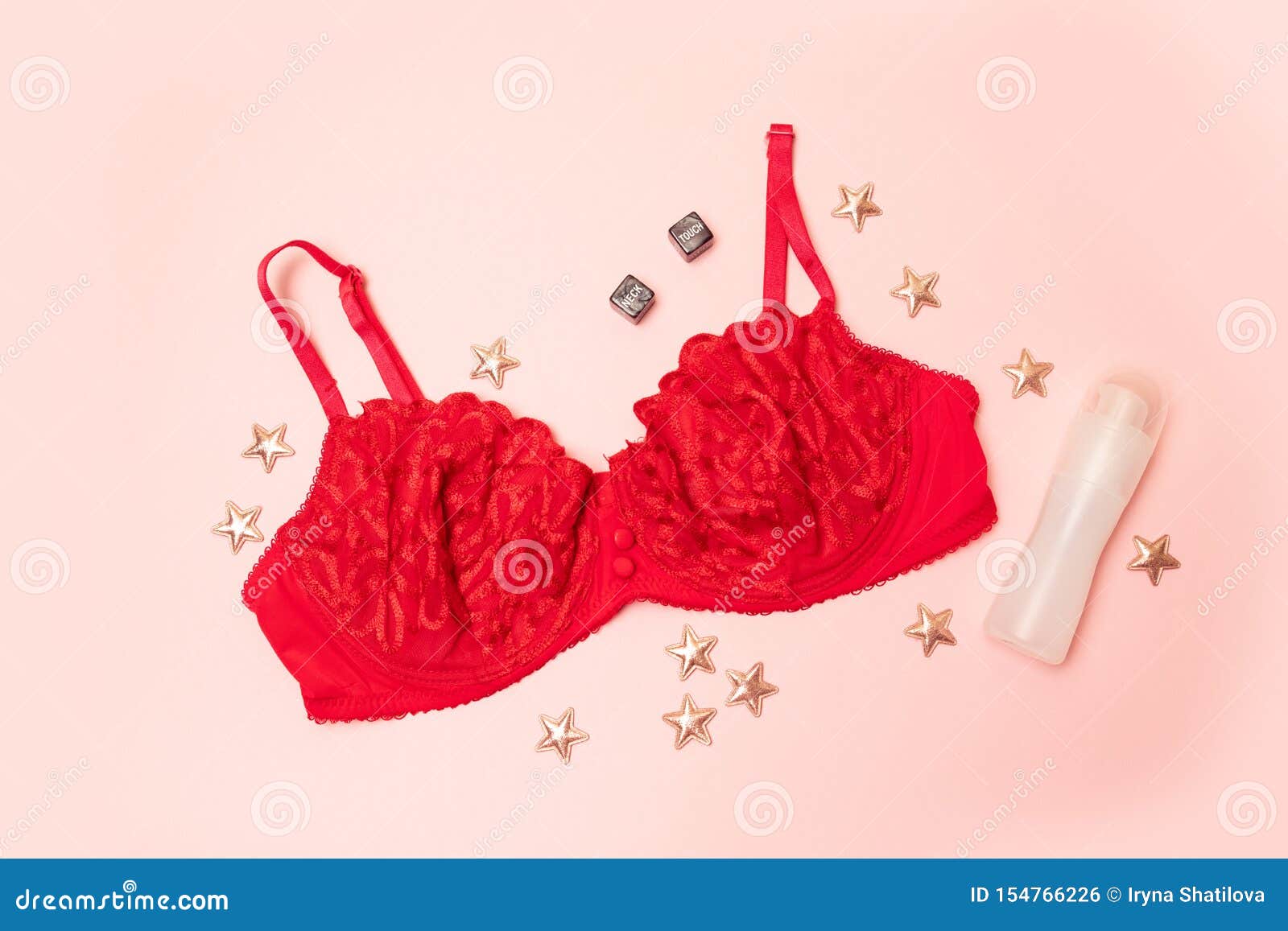 Red Bra with Lace. Star Decor, Lubricant on a White Background. the  Apartment Was Lying. Fashion Lingerie Concept Stock Photo - Image of love,  color: 154766226