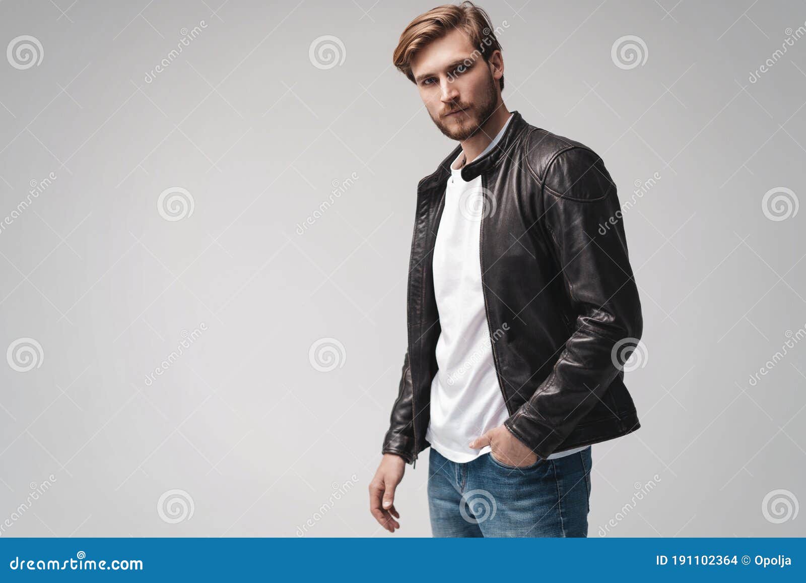 Fashion Man, Handsome Serious Beauty Male Model Portrait Wear Leather ...
