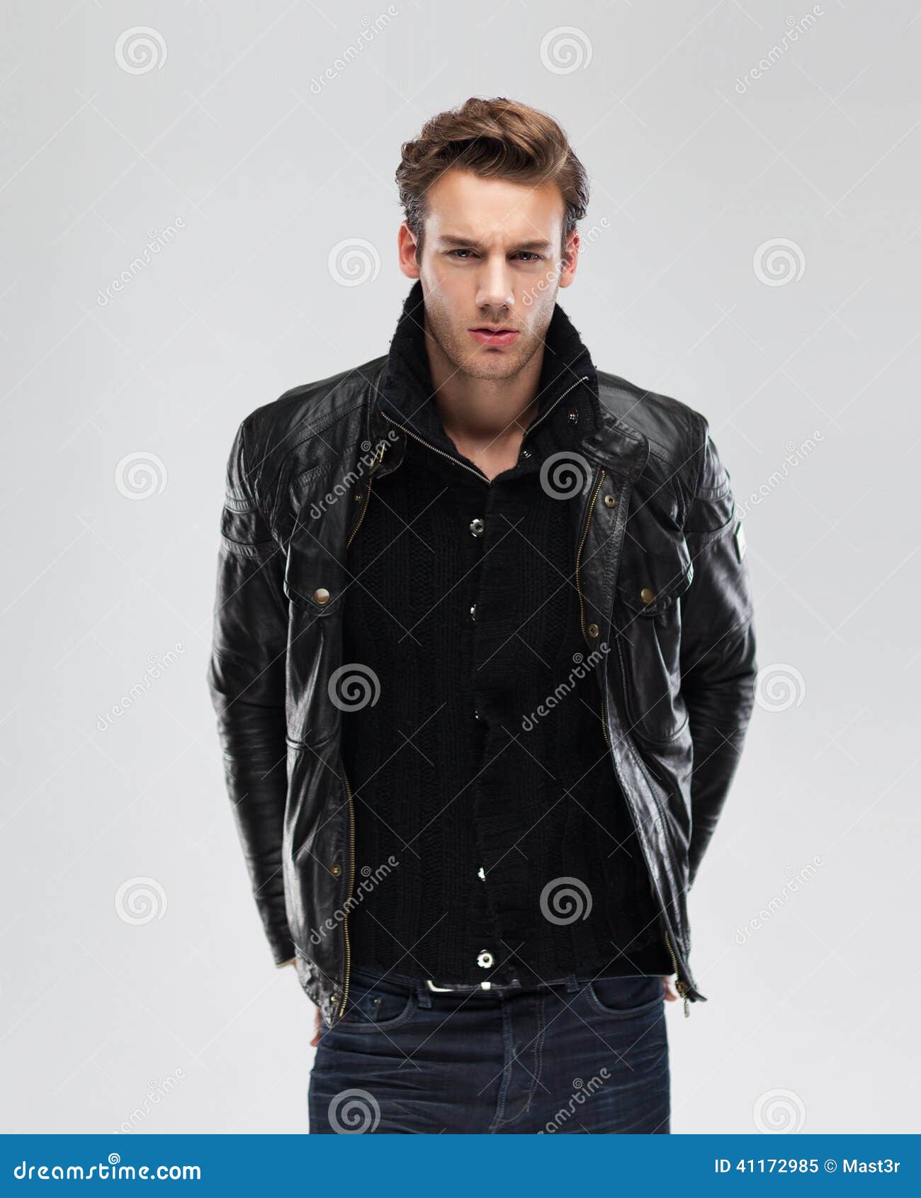 Fashion Man, Model Leather Jacket, Gray Background Stock Image - Image ...