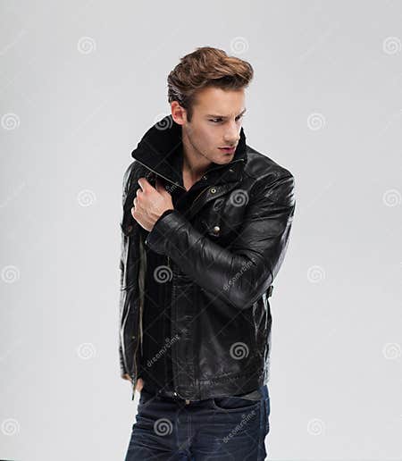 Fashion Man, Model Leather Jacket, Gray Background Stock Image - Image ...