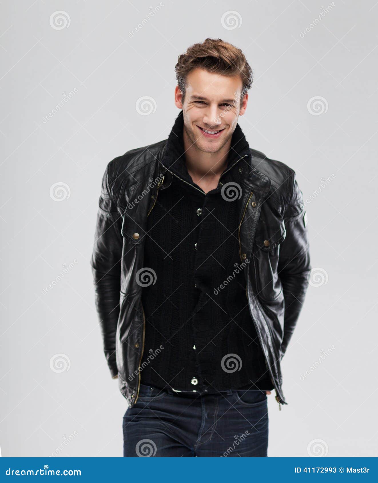 Fashion Man Smile Over Gray Background Stock Image - Image of hair ...