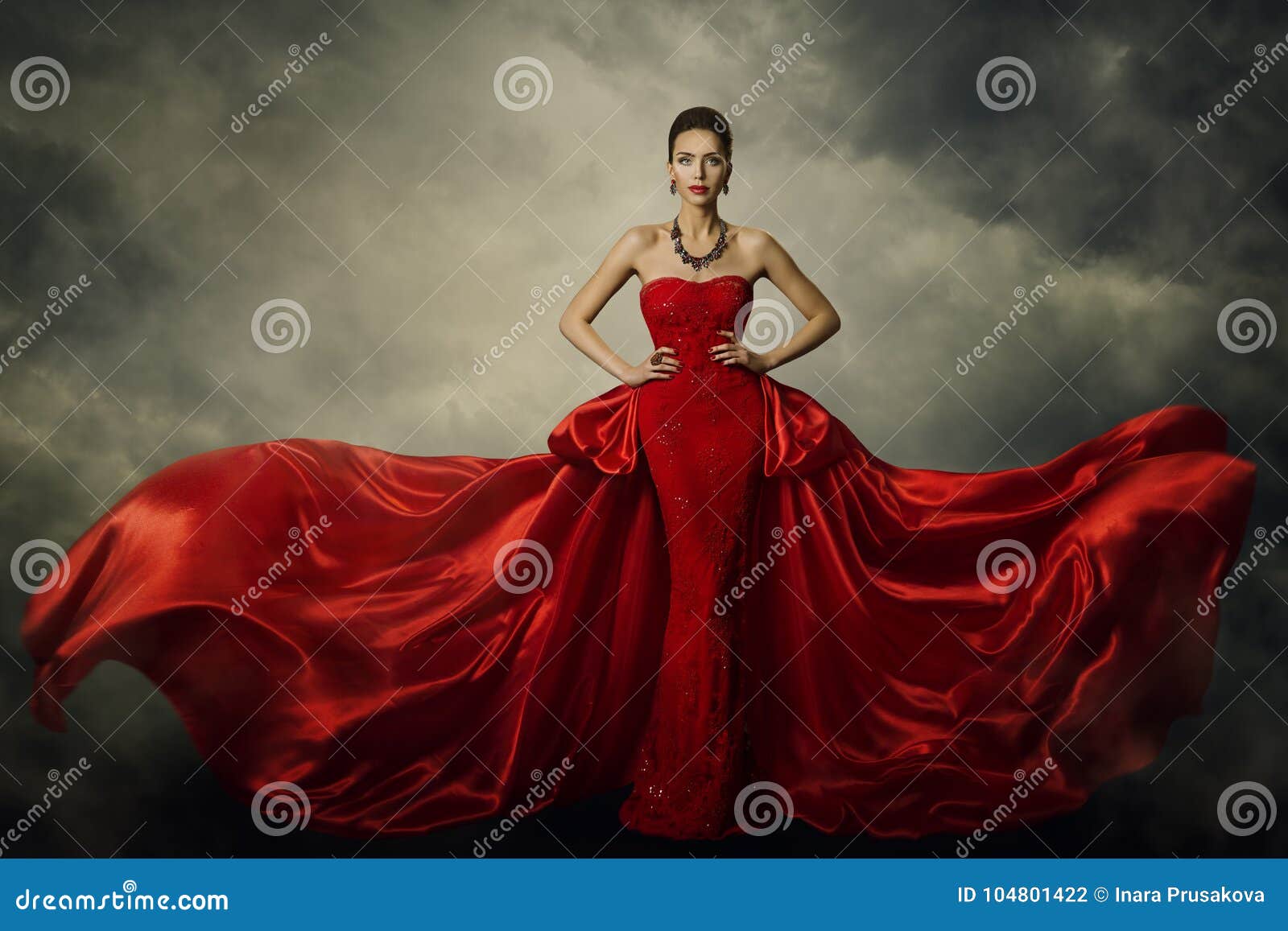 fashion model art dress, elegant woman red retro gown