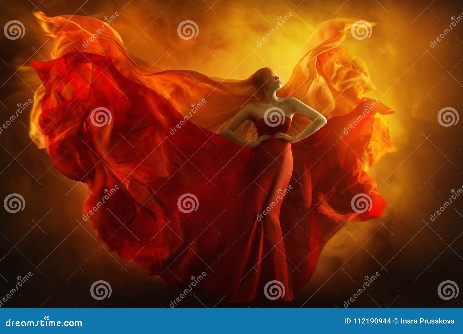 fashion model art fantasy fire dress, blindfolded woman dreams