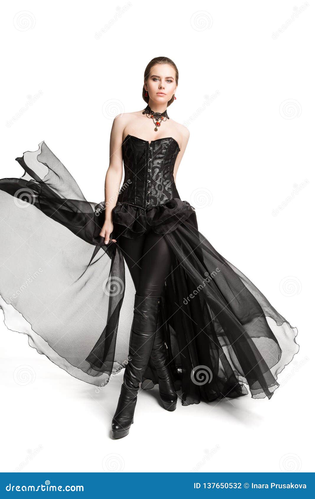 Fashion Model Black Corset Dress, Leather Pants, Beautiful Woman
