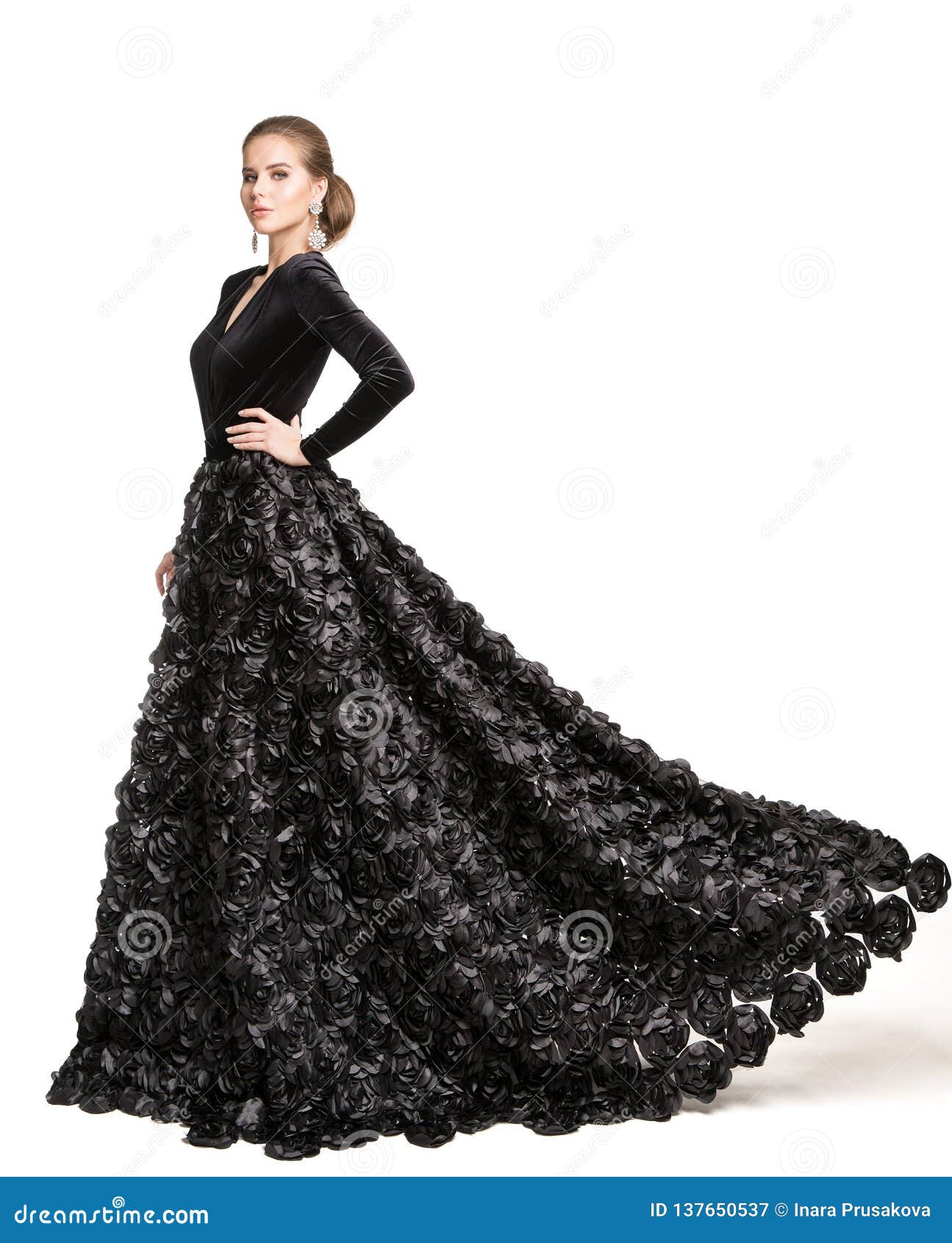 fashion model black dress, elegant woman in long evening gown, girl beauty portrait, white