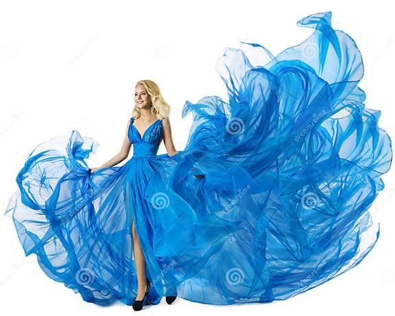 Fashion Model Dancing Blue Dress Flying Fabric, Woman Waving Gown Stock ...