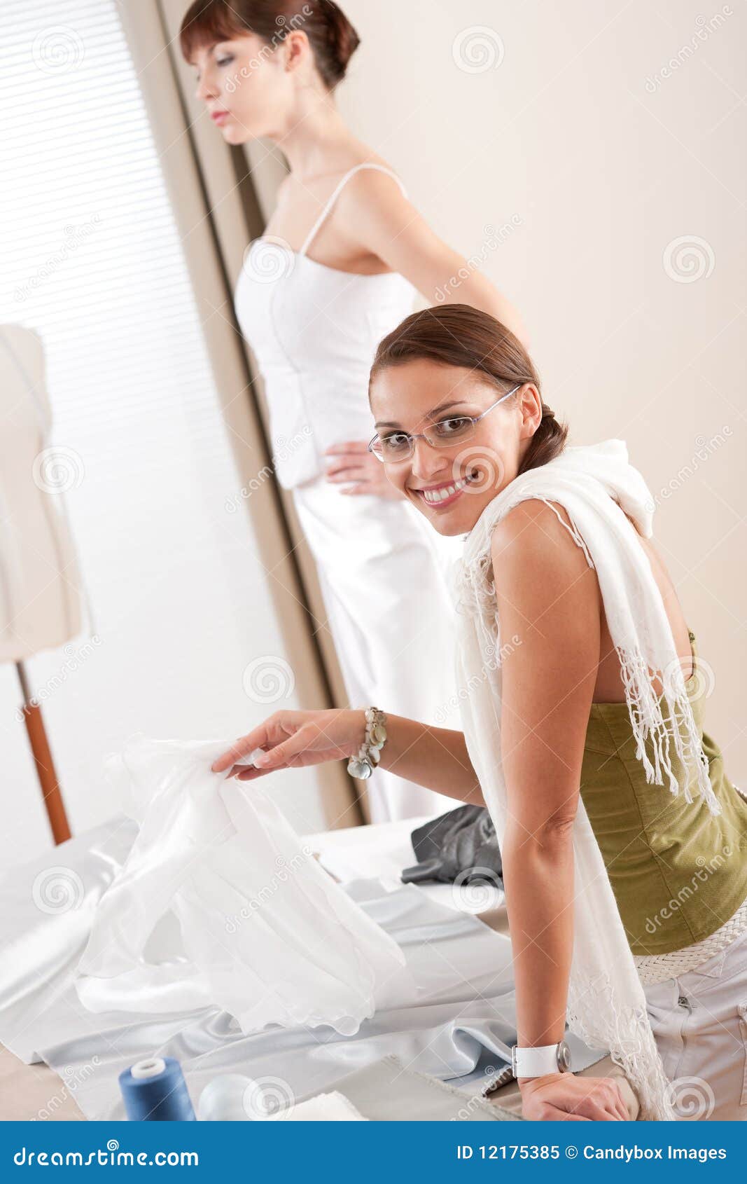 Fashion Model Fitting White Dress by Designer Stock Image Image of