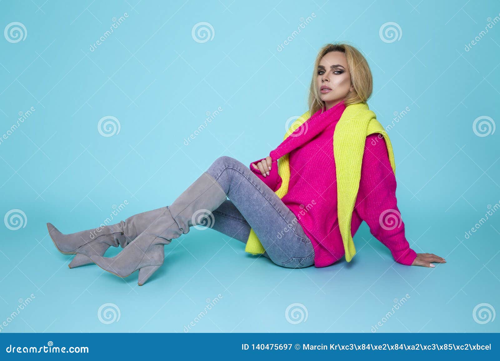 Fashion Model Girl Full Length Portrait Isolated on Blue Background ...