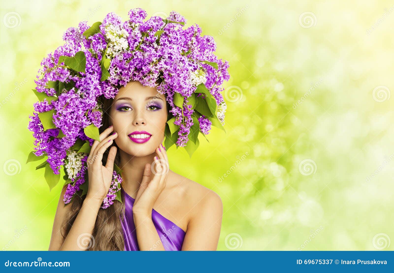 Fashion Model Girl Lilac Flowers Hair Style. Woman Nature Hat Stock Image - Image of crown ...