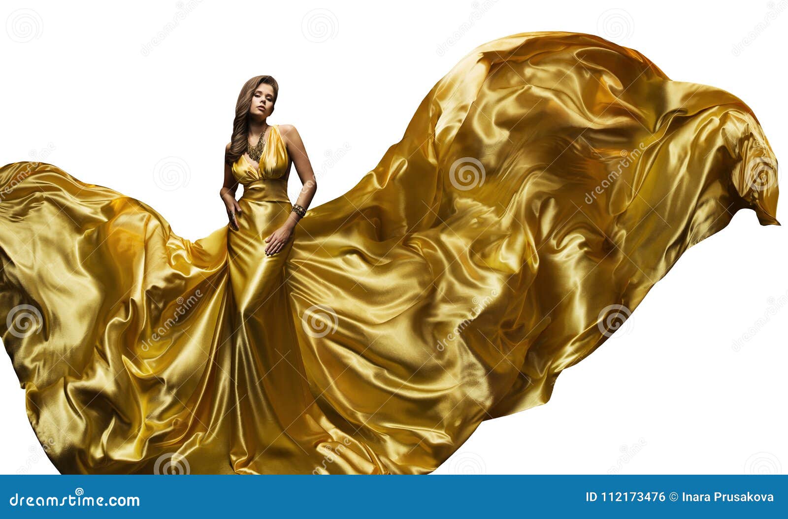 Fashion Model Golden Fly Dress, Elegant Woman Fluttering Gown Stock ...