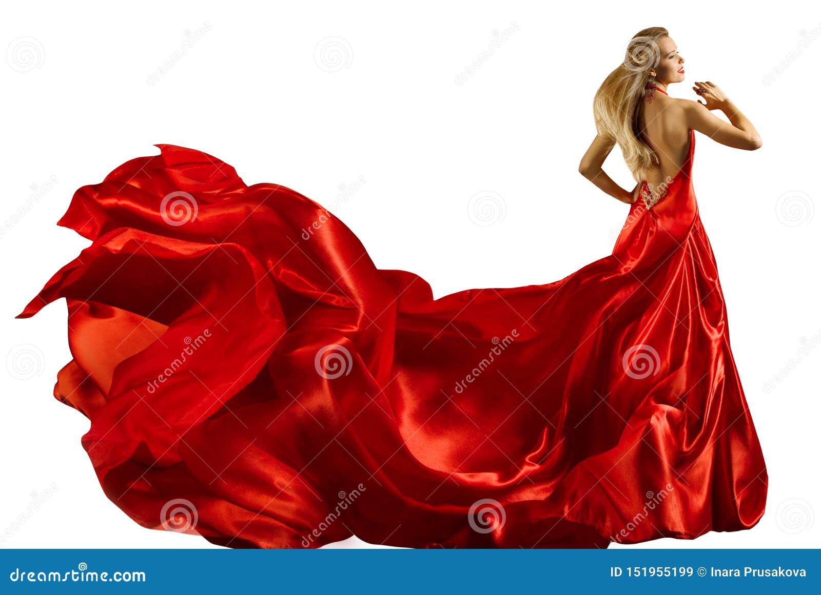 Fashion Model Long Red Dress, Woman in Waving Gown, Full Length Beauty ...