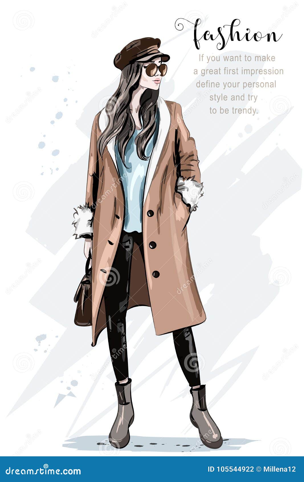 fashion model posing. stylish beautiful woman in coat and cap. hand drawn fashion woman. sketch.