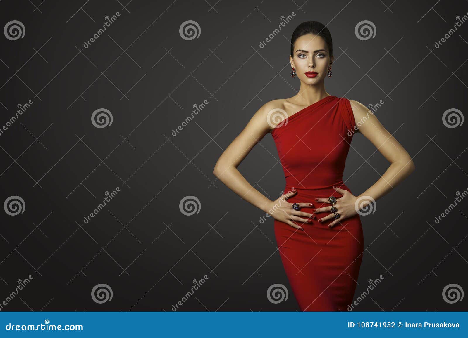 fashion model red dress, elegant woman in evening gown