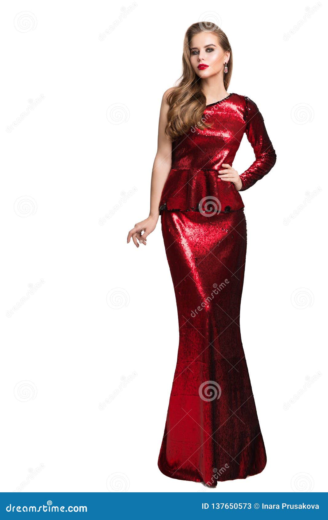 Fashion Model Red Sparkling Dress Elegant Woman In Long