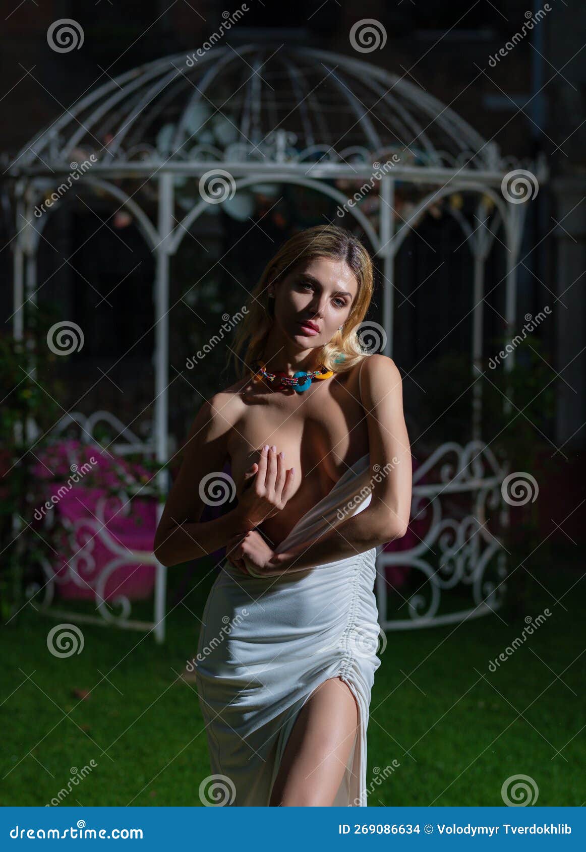 Fashion Model in White Dress Covering Breast with Hand. Boobs, Tits Chest.  Seductive Woman Face Stock Photo - Image of chest, lady: 269086634