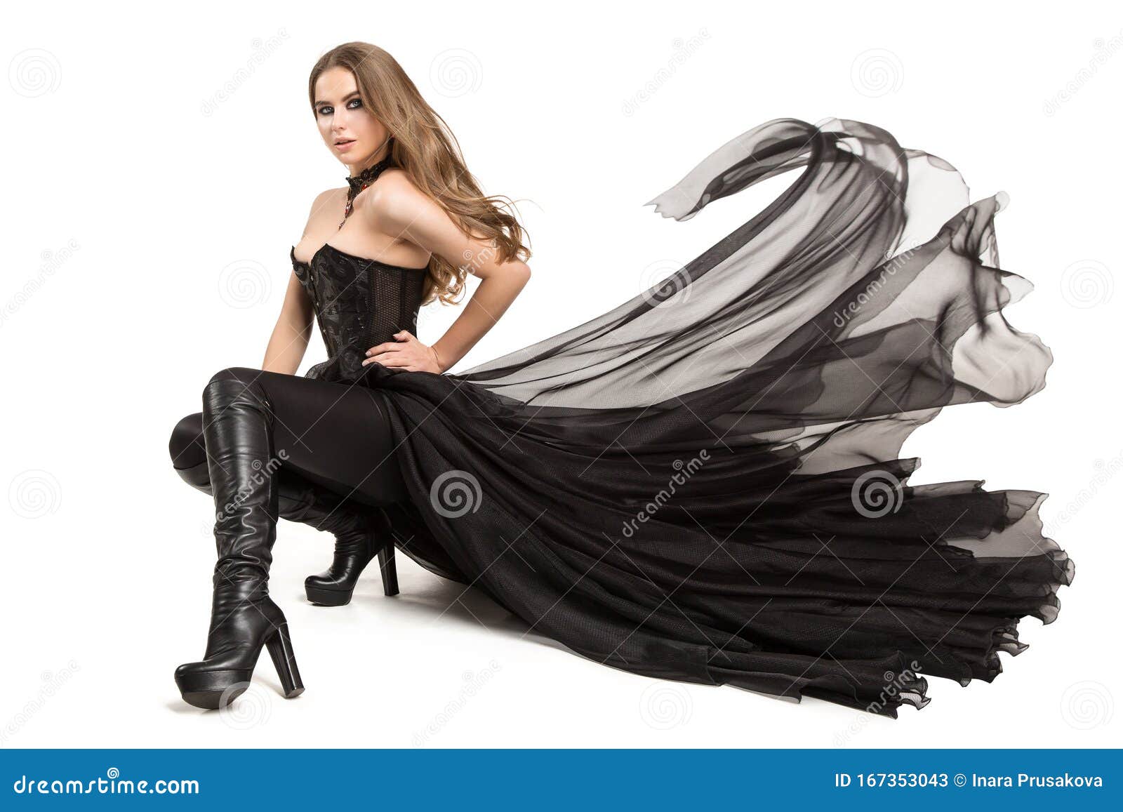 Medieval Woman in Historical Costume Wearing Corset Dress and