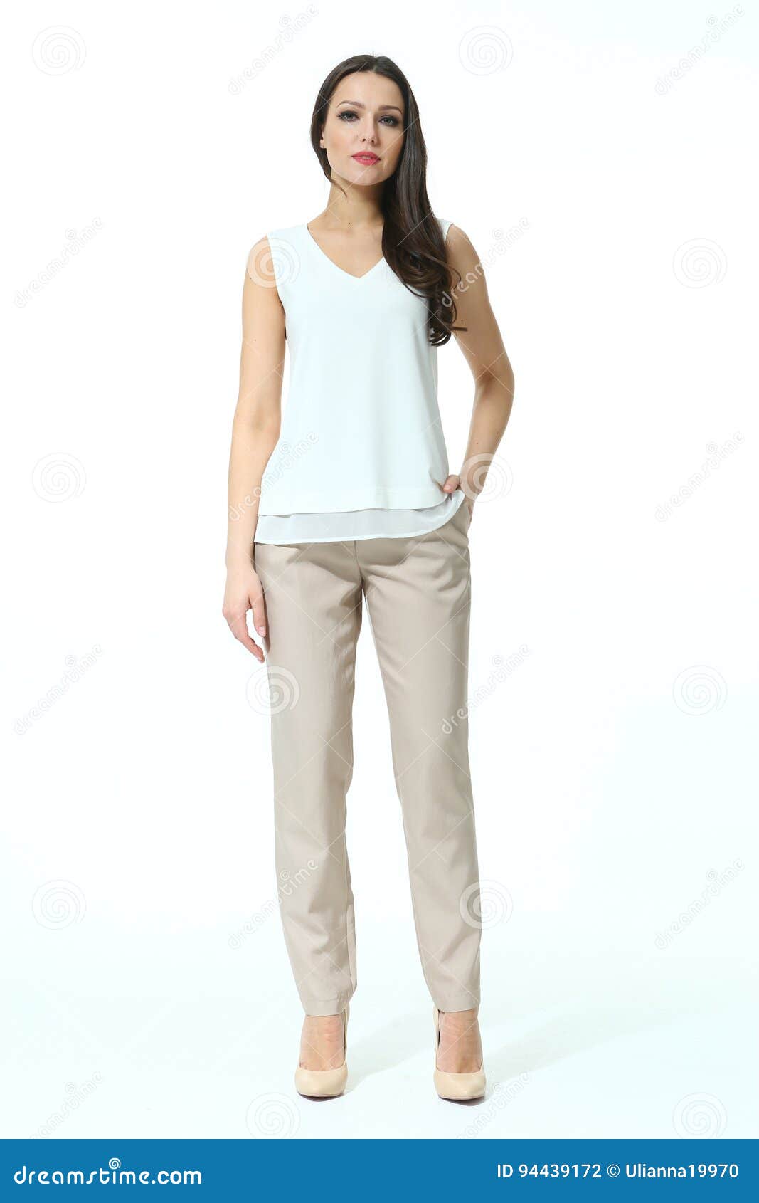 Fashion Model in Summer Casual Strict Beige Pant Trousers and White T-shirt  Stock Photo - Image of happy, cheerful: 94439172