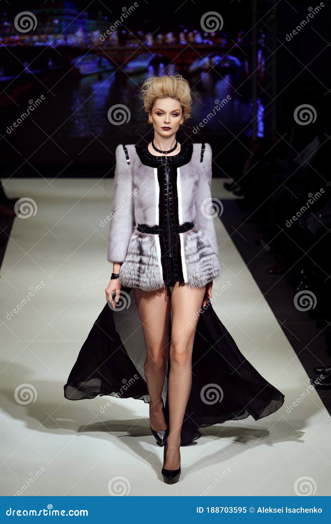 Fashion Model Walks on Runway in Fur Coat at GNL Show Fall-Winter 2016 ...