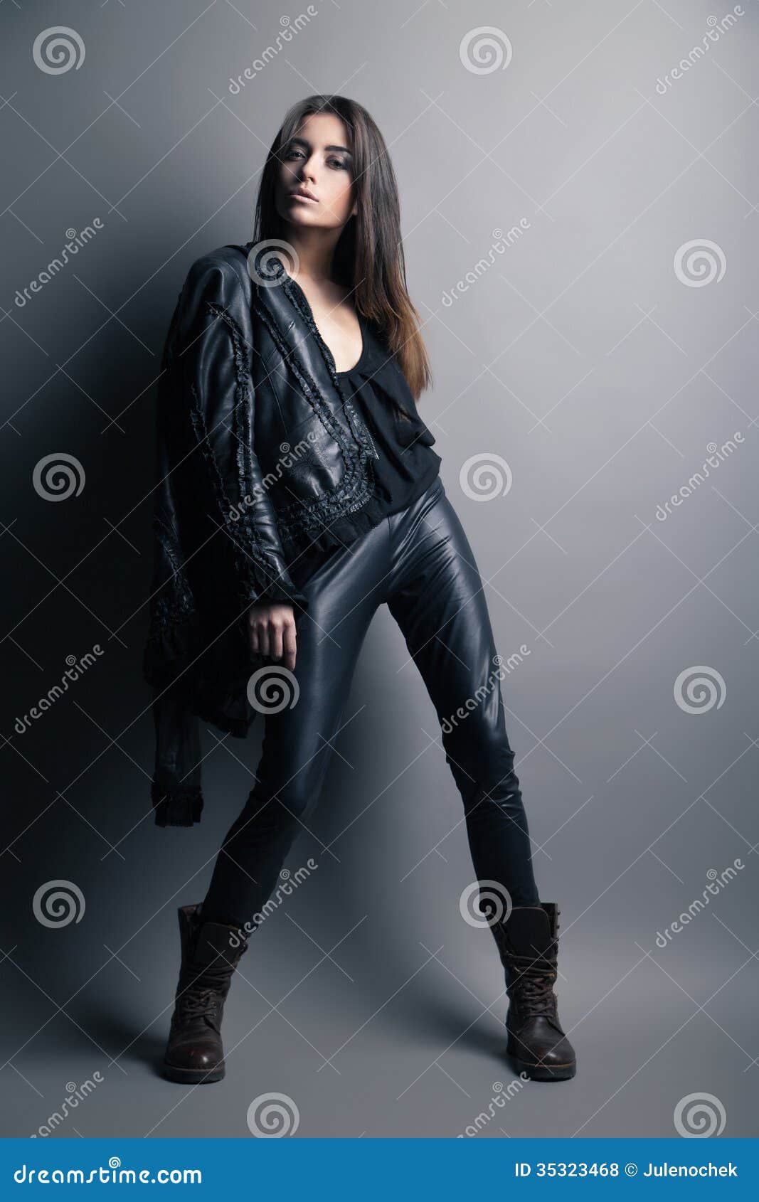 Fashion Model Wearing Leather Pants and Jacket Stock Photo - Image of ...