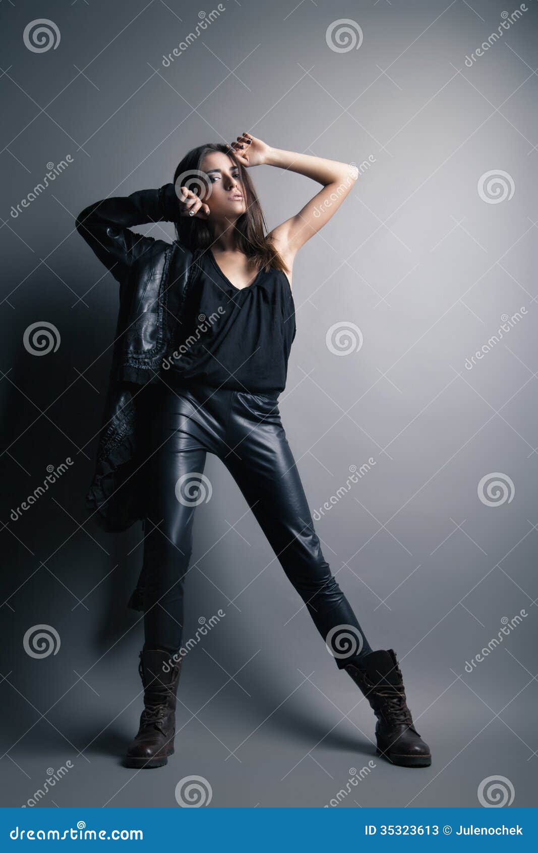 Fashion Model Wearing Leather Pants and Jacket Stock Image - Image of ...