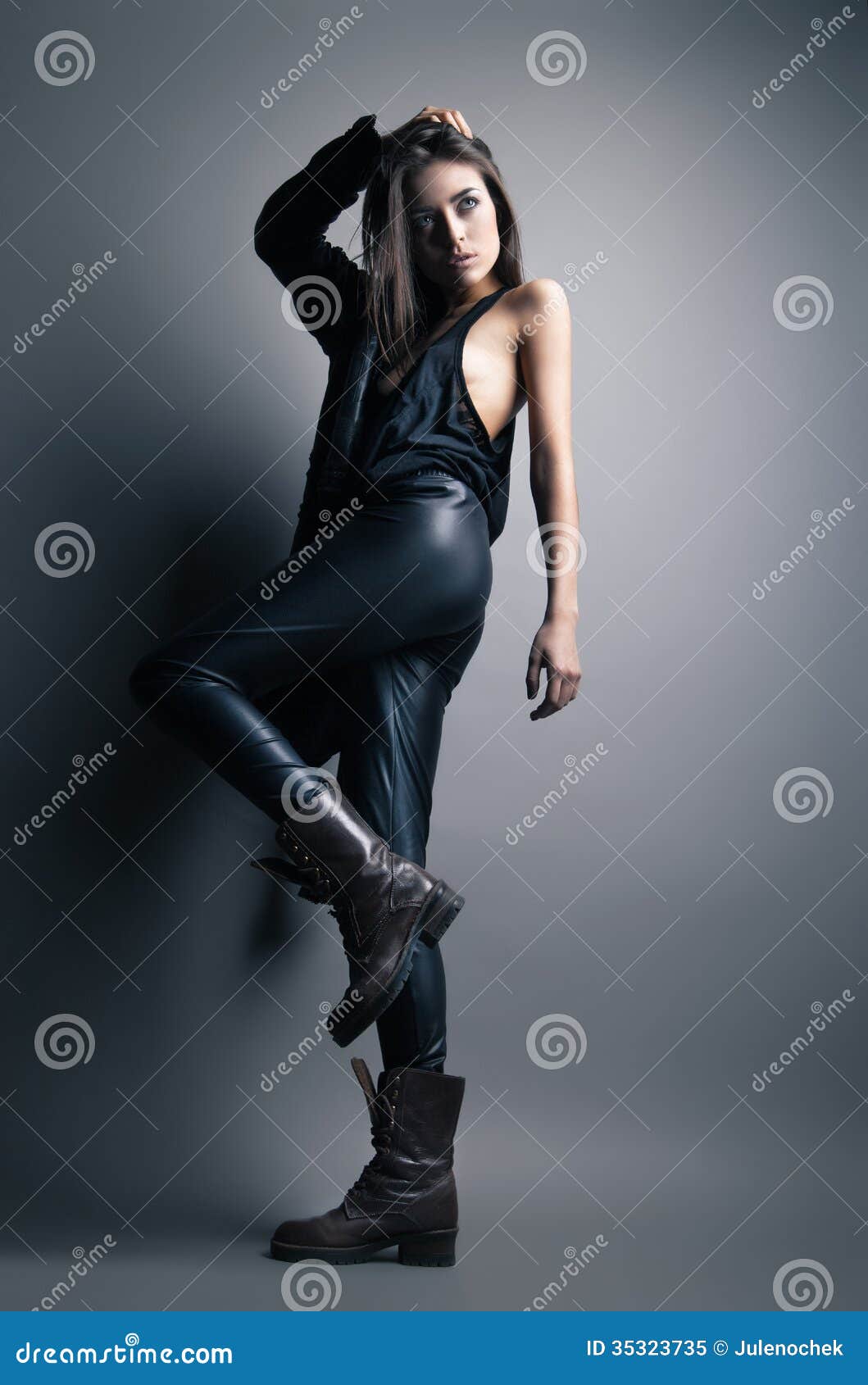 Fashion Model Wearing Leather Pants And Jacket Stock Image - Image of ...